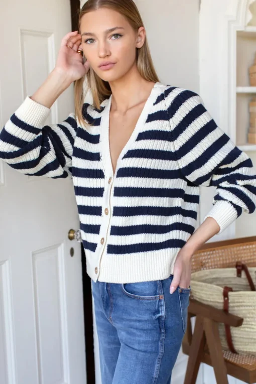 Discount Low V Neck Cardigan in Navy French Stripe Organic Tops