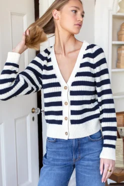 Discount Low V Neck Cardigan in Navy French Stripe Organic Tops