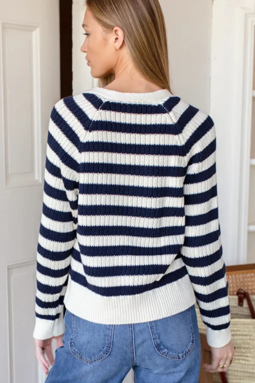Discount Low V Neck Cardigan in Navy French Stripe Organic Tops