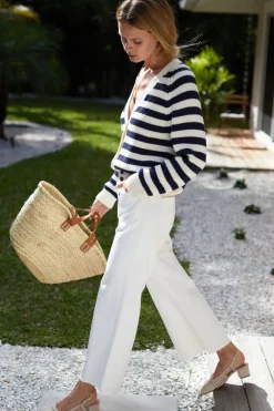 Discount Low V Neck Cardigan in Navy French Stripe Organic Tops